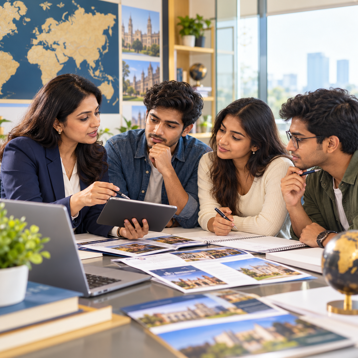 Study-abroad consultant discussing university options with students in an office
